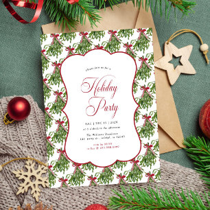 Mistletoe Holiday Party Red Bow Christmas Pattern Invitation