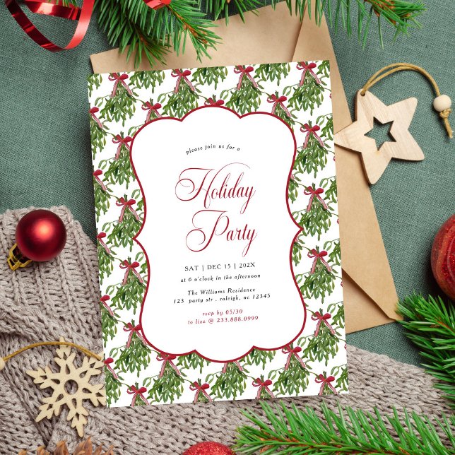 Mistletoe Holiday Party Red Bow Christmas Pattern Invitation (Creator Uploaded)