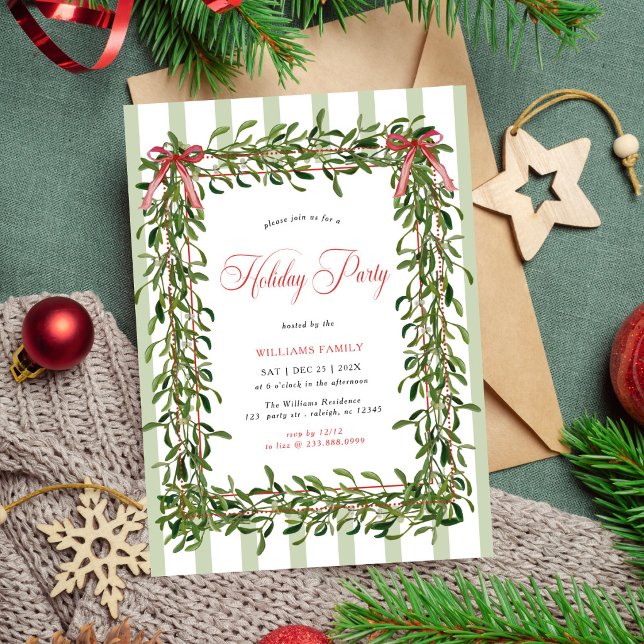 Mistletoe Holiday Party Red Bow Stripes Christmas Invitation (Creator Uploaded)