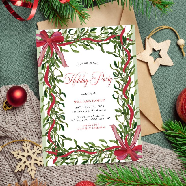 Mistletoe Holiday Party Red Bow Stripes Christmas Invitation (Creator Uploaded)