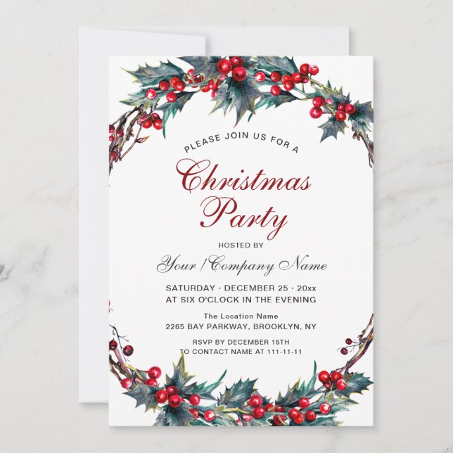 Mistletoe Holly Berry Wreath Christmas Party Invitation (Front)