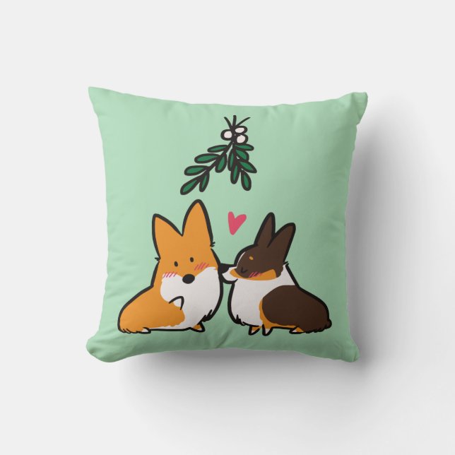 Mistletoe Kiss Corgi Square Pillow (Front)