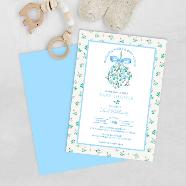 Mistletoe Kisses Blue Baby Shower for Boy Invitation (Blue ribbon winter baby mistletoe kisses baby shower)