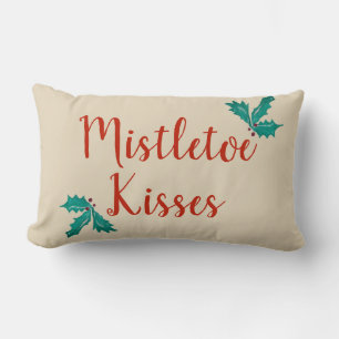 Mistletoe Kisses Holly Ivy Vintage Beige Holiday Lumbar Cushion