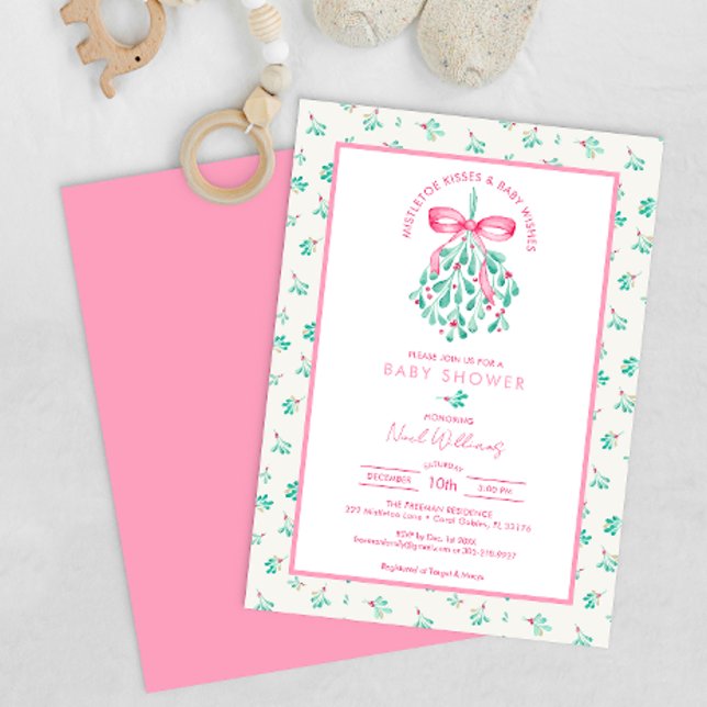 Mistletoe Kisses Pink Baby Shower for Girl Invitation (Pink Winter Baby Shower, Under The Mistletoe Celebration)