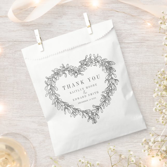 Mistletoe line art black white wedding thank you favour bags (Clipped)