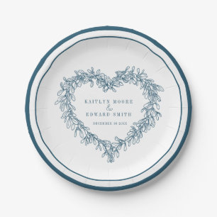 Mistletoe line art blue white winter wedding paper plate