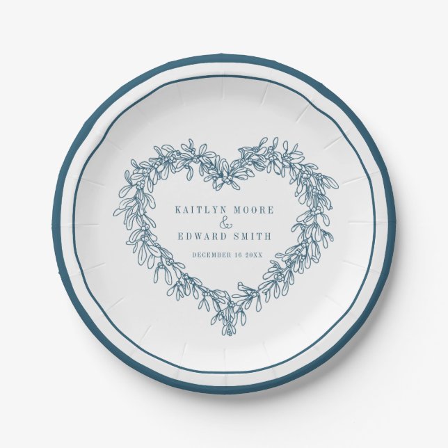 Mistletoe line art blue white winter wedding paper plate (Front)