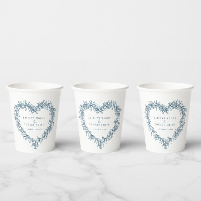 Mistletoe line art blue winter wedding custom paper cups (Multi)