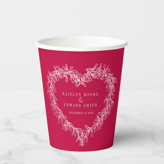 Mistletoe line art red white wedding custom photo paper cups (Front)