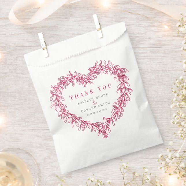 Mistletoe line art red white wedding thank you favour bags (Clipped)