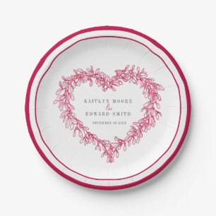 Mistletoe line art red white winter wedding paper plate