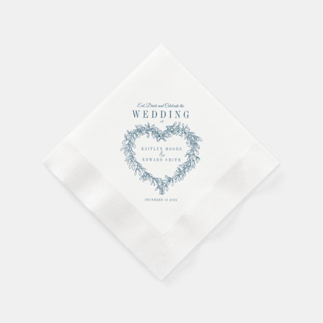 Mistletoe line art wedding blue white custom napkin (Corner)