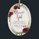 Mistletoe Manor Floral To the Flower Girl Quote Ceramic Tree Decoration<br><div class="desc">Mistletoe Manor Watercolor Lush Roses Design with Hand Painted Florals, Holly Berry Leaves, Pine Sprig Foliage, and Watercolor Paint Brush Strokes. Colourful Marsala, Wine Merlot Red, Burgundy, Ivory Cream, and Green. With Swirly Chic Typography Brush Script Fonts and Rose Gold Elegant Floral Oval Frame - Flower Girl Heartfelt Quote Keepsake...</div>