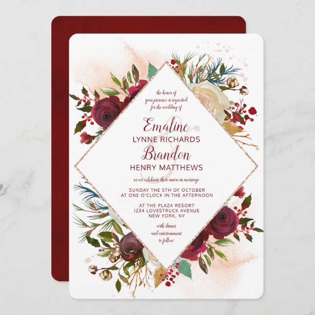 Mistletoe Manor Rose Gold Diamond Frame Wedding Invitation (Front/Back)