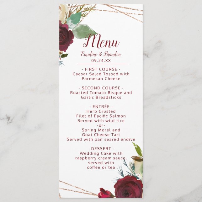 Mistletoe Manor Watercolor Lush Winter Rose Dinner Menu (Front)