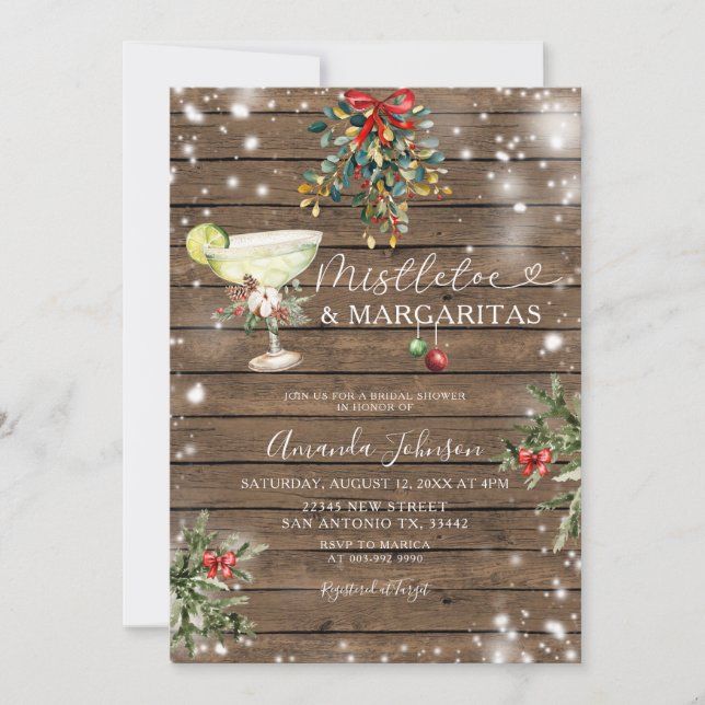 Mistletoe & Margarita Wood Christmas Bridal Shower Invitation (Front)