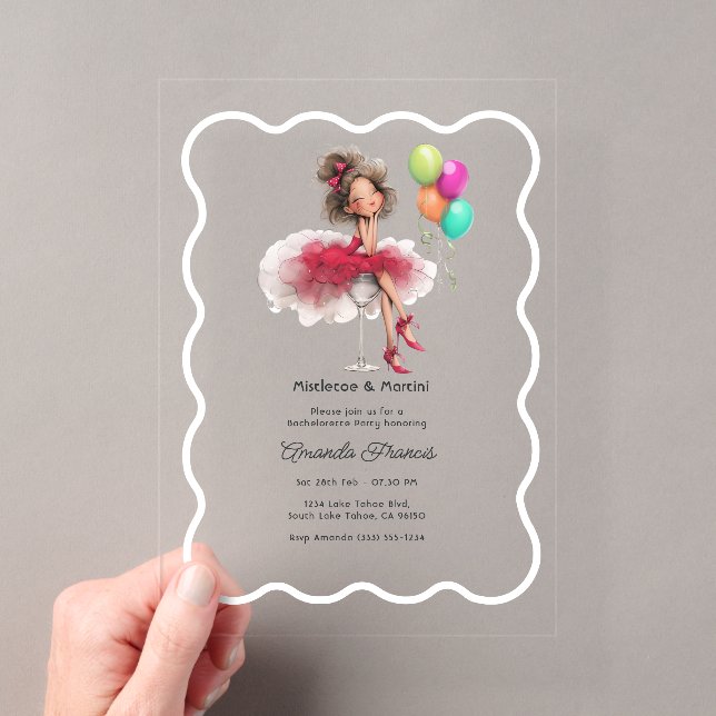 Mistletoe & Martini Christmas Bachelorette Party Acrylic Invitations (Insitu (Handheld))