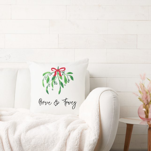 Mistletoe NAME & NAME Year Festive Red Green Kiss Cushion (Couch)