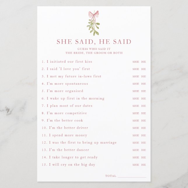 Mistletoe Pink Bow Bridal Shower She Said He Said (Front)