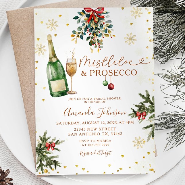 Mistletoe & Prosecco Gold Christmas Bridal Shower Invitation (Creator Uploaded)
