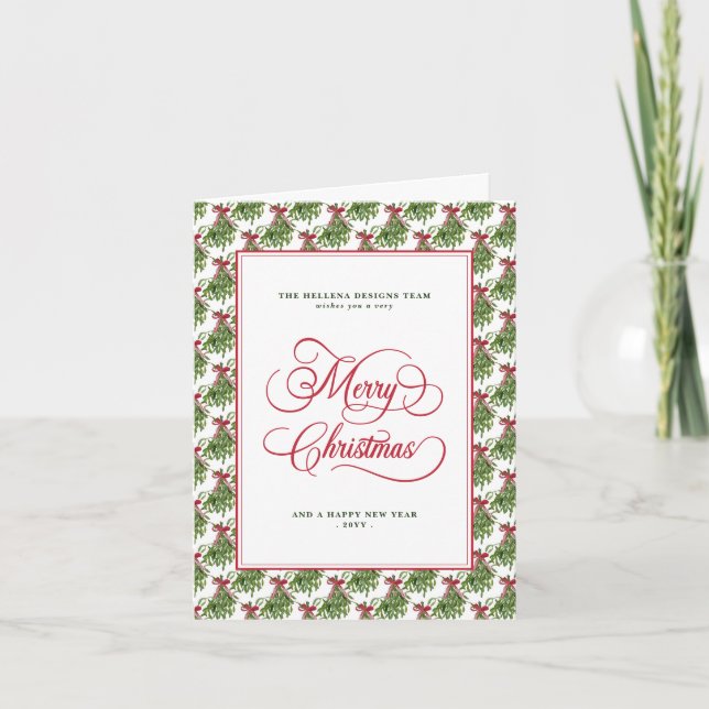 Mistletoe Red Script Bow Business Logo Pattern  Holiday Card (Front)