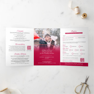 Mistletoe red wedding meal option RSVP QR Code x2 Tri-Fold Invitation