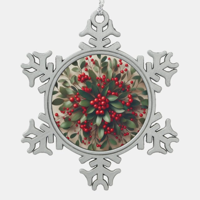 Mistletoe  snowflake pewter christmas ornament (Front)