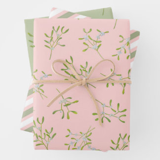 Mistletoe Stripes Rose Green Wrapping Paper Sheet