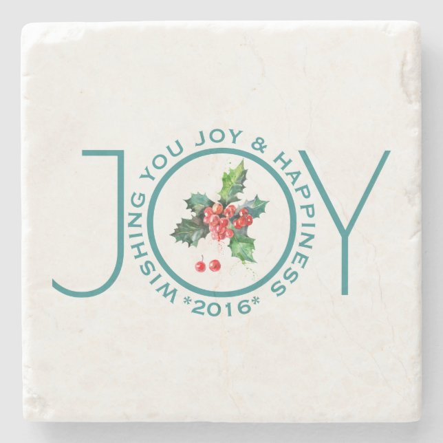 Mistletoe Watercolors & Text Joy Template Stone Coaster (Front)