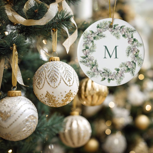 Mistletoe White Berry Monogrammed Wreath Christmas Ceramic Tree Decoration (Mistletoe Monogrammed Christmas Ornament)