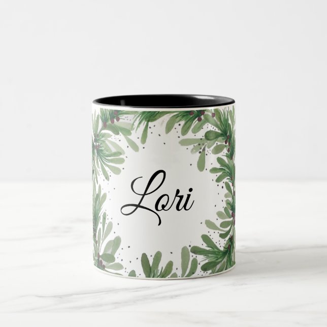 Mistletoe wreath monogram template Two-Tone coffee Two-Tone Coffee Mug (Center)