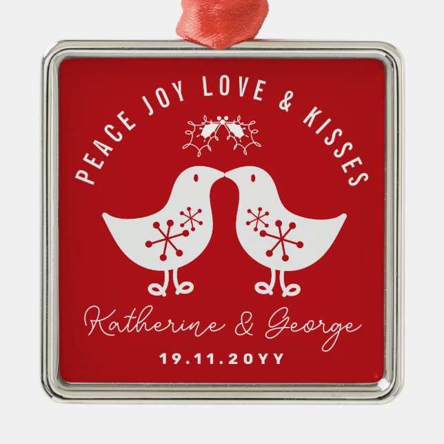 Mistletoes Kissing Chicks Mr & Mrs 1st Christmas Metal Tree Decoration (Front)