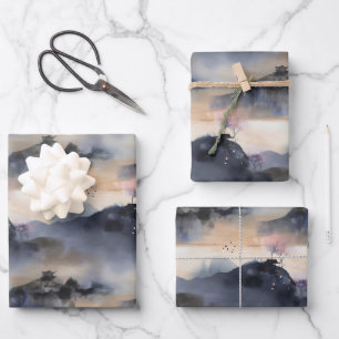 Misty Asian Style Landscape Pattern Wrapping Paper Sheet