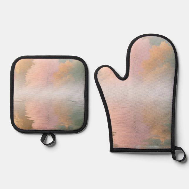Misty Autumn Lake Serenity Oven Mitt & Pot Holder Set (Front)