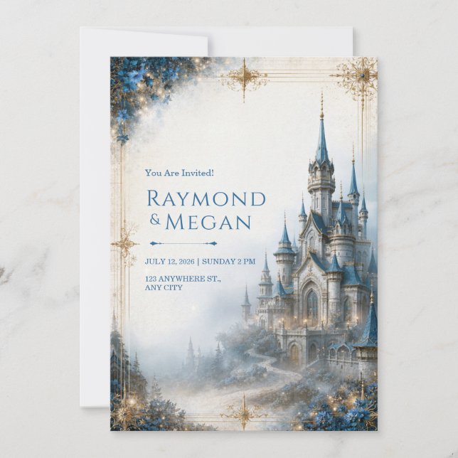 Misty Blue Castle Wedding Invitation (Front)