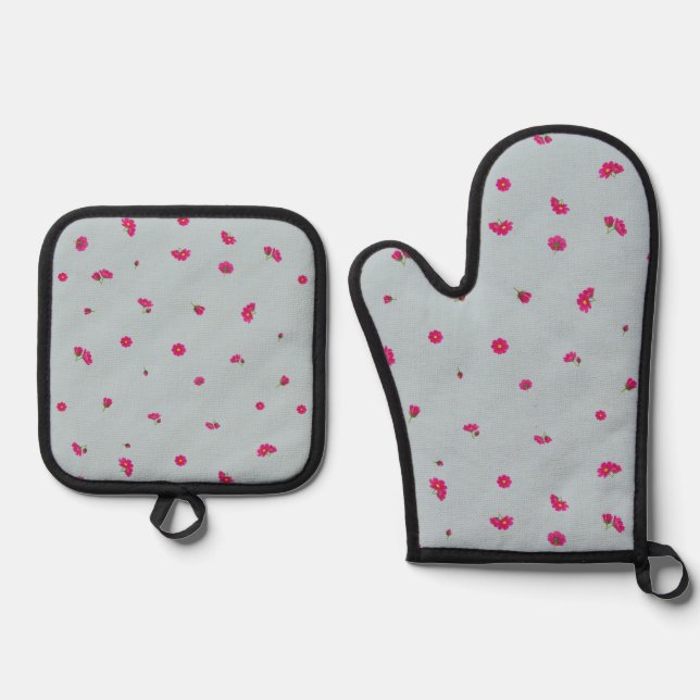 Misty Blue Deep Pink Cosmos Floral Pattern Oven Mitt & Pot Holder Set (Front)