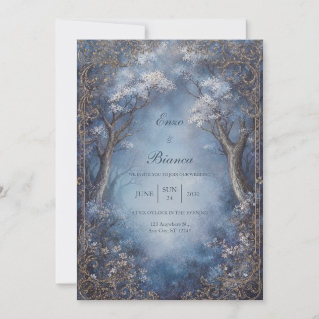 Misty Blue Enchanted Forest Gold Filigree Wedding Invitation (Front)