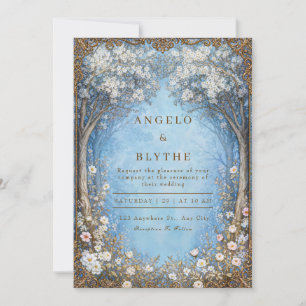 Misty Blue Enchanted Forest Gold Frame Wedding Invitation