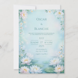 Misty Blue Ethereal Water Lily Frame Wedding Invitation