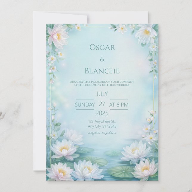 Misty Blue Ethereal Water Lily Frame Wedding Invitation (Front)