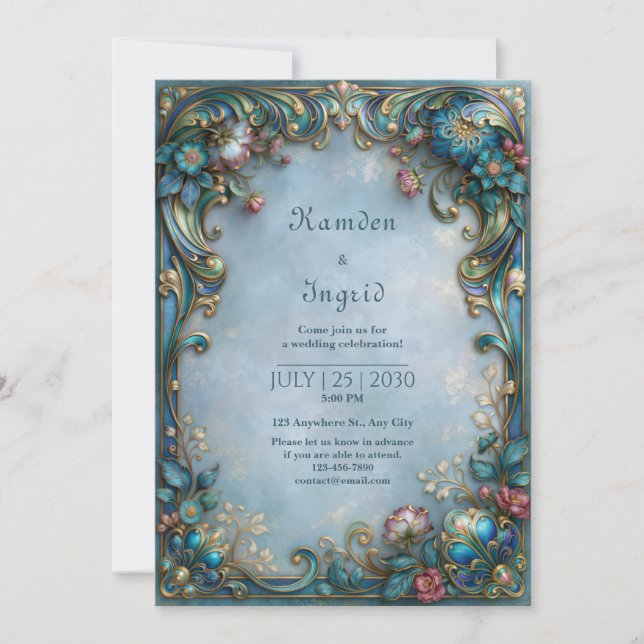 Misty Blue Filigree Wedding Invitation (Front)