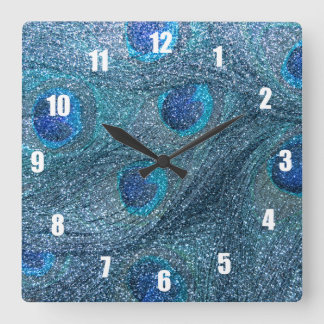 misty blue glitter peacock feathers square wall clock