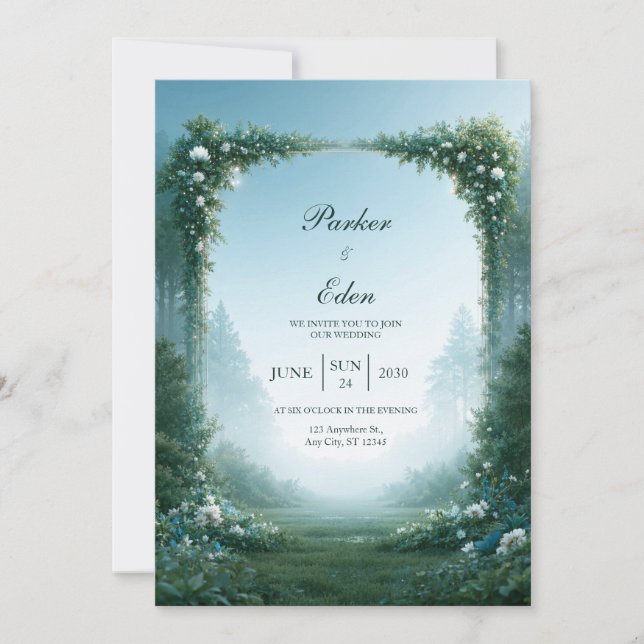 Misty Blue Meadow Arch Wedding Invitation (Front)