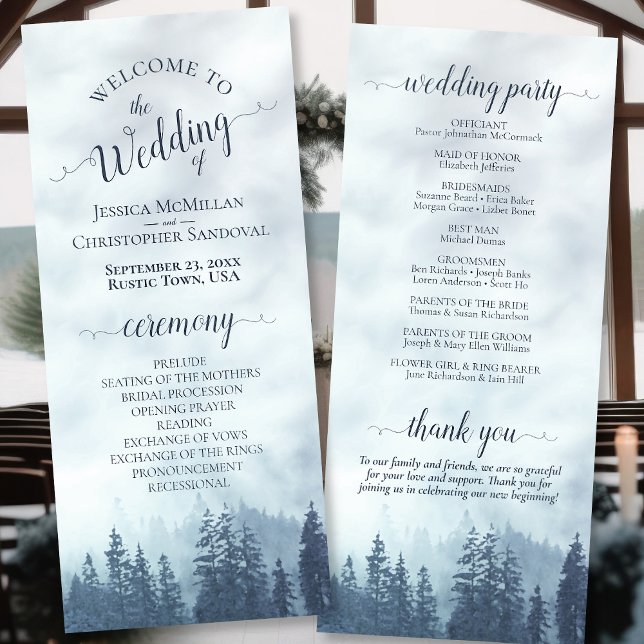 Misty Blue Mountain Pine Forest Rustic Wedding Programme (Front/Back)