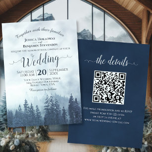 Misty Blue Mountain Pines Rustic QR Code Wedding Invitation