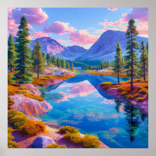 💙 Misty Blue Mountains Lake Forest Serenity Wall  Poster