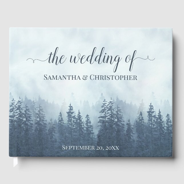 Misty Blue Mountains & Pines Rustic Wedding Guest Book (Front)
