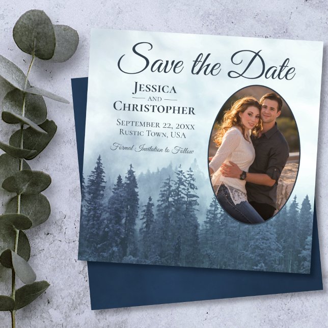 Misty Blue Mountains Rustic Oval Photo Wedding Save The Date (Creator Uploaded)