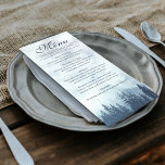 Misty Blue Pine Trees Rustic Elegance Wedding Menu<br><div class="desc">This wedding menu is simple,  rustic,  and elegant. It features a fancy script calligraphy title with a woodland mountain backdrop blue spruce pine trees shrouded in mist or fog. The back is a deep marbled forest green colour. Perfect for an outdoor reception.</div>